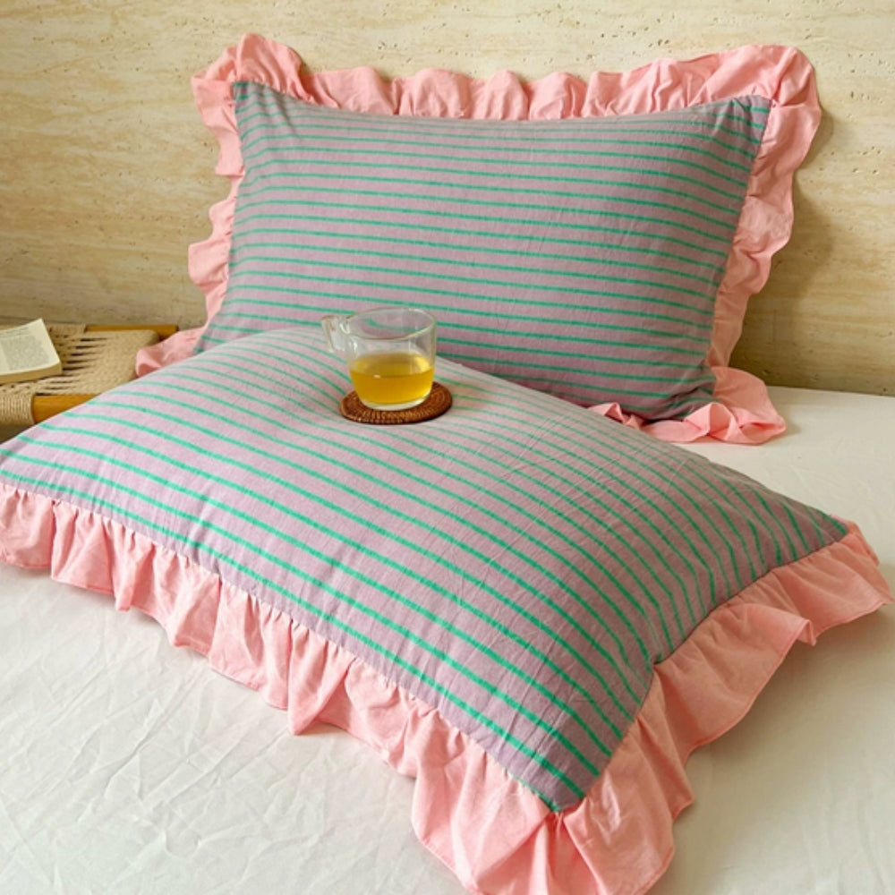 Striped Ruffled Lace Pillowcases in Multiple Colors
