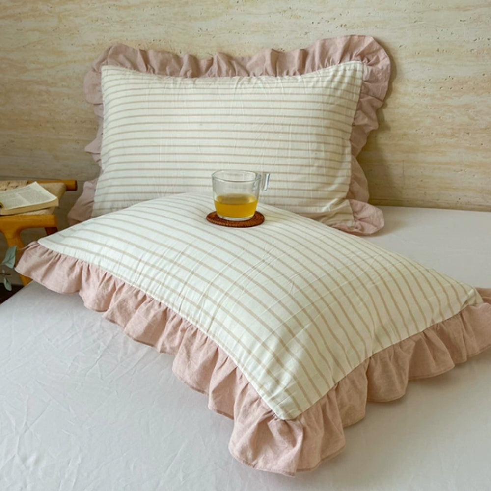 Striped Ruffled Lace Pillowcases in Multiple Colors