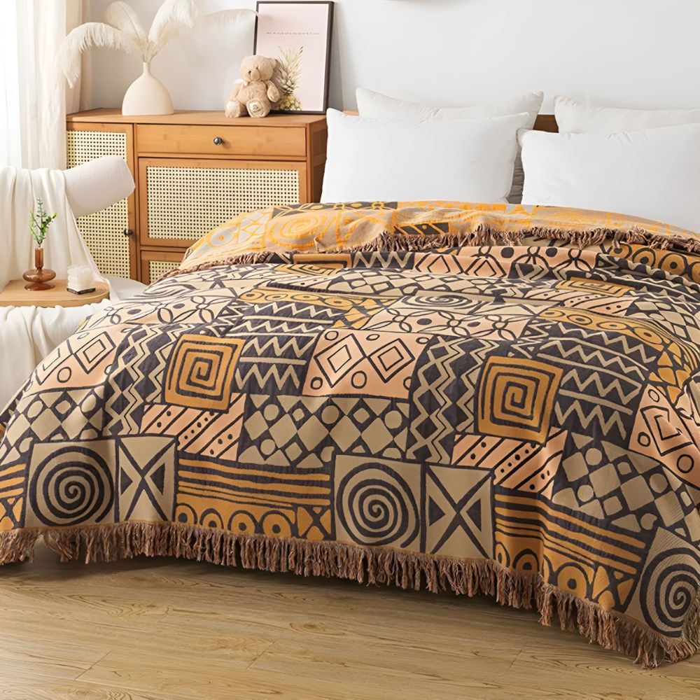 Tribal Patchwork Reversible Tassel Cotton Blanket