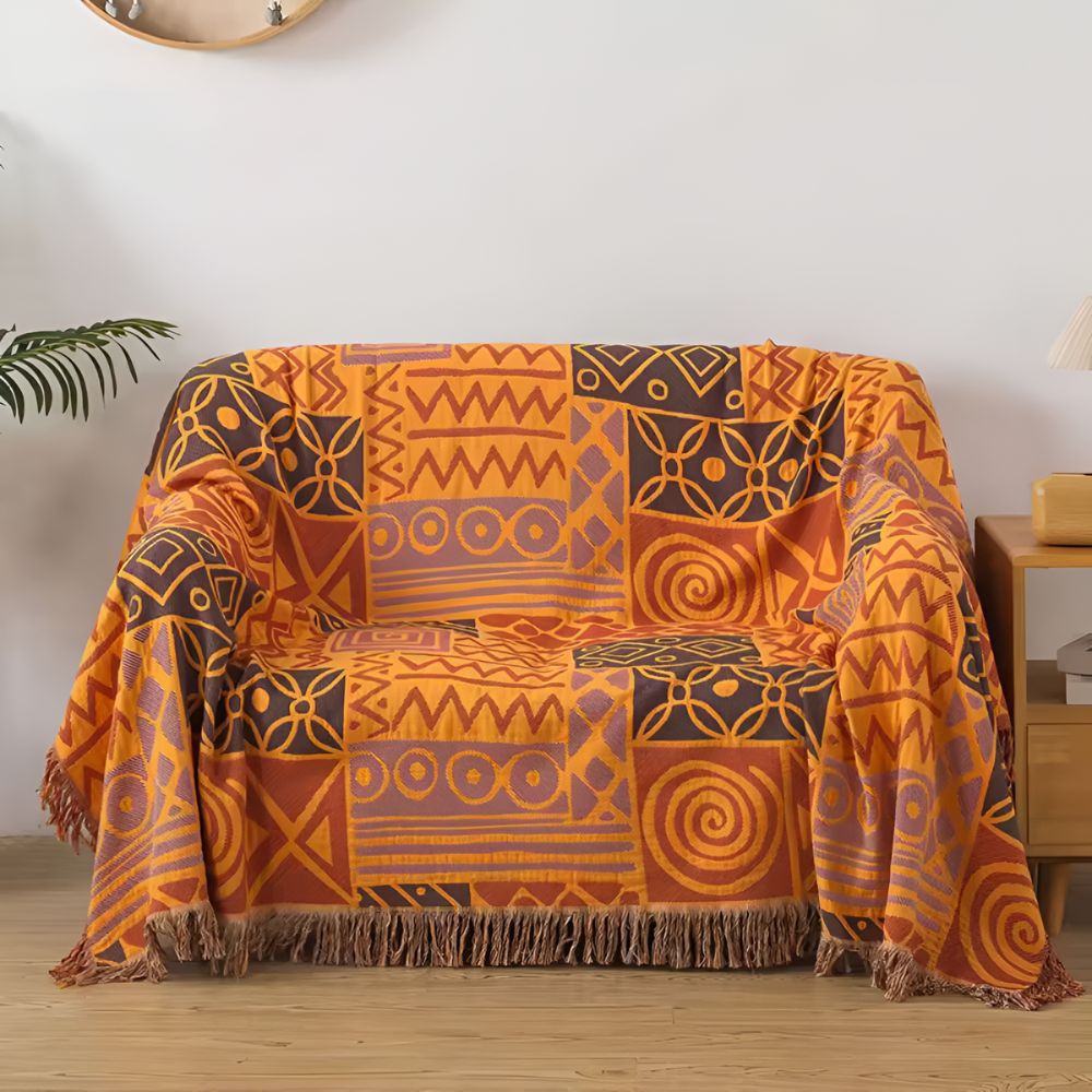 Tribal Patchwork Reversible Tassel Cotton Blanket