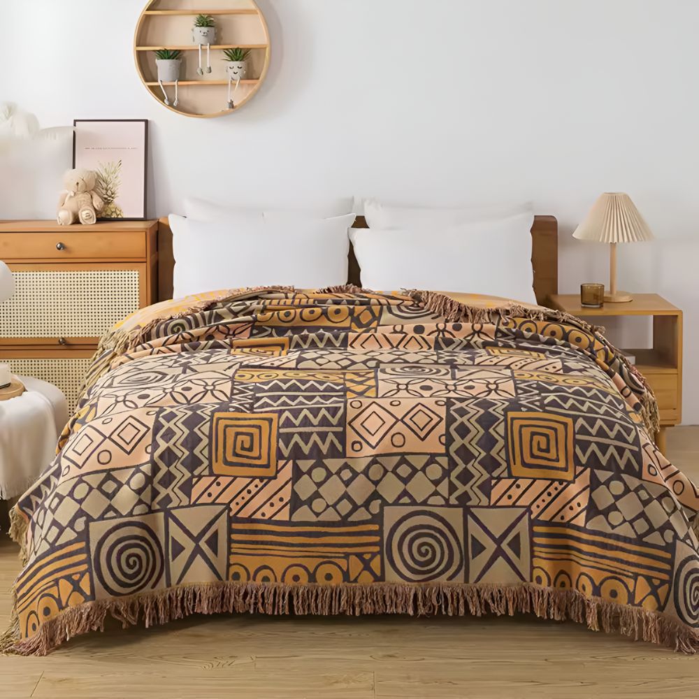 Tribal Patchwork Reversible Tassel Cotton Blanket
