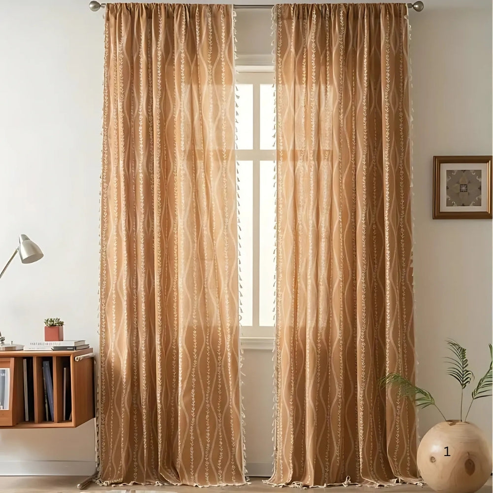 Wheat Pattern Beige Tassel Curtain