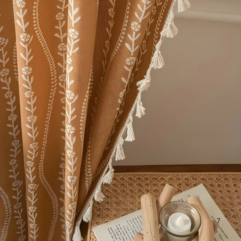 Wheat Pattern Beige Tassel Curtain