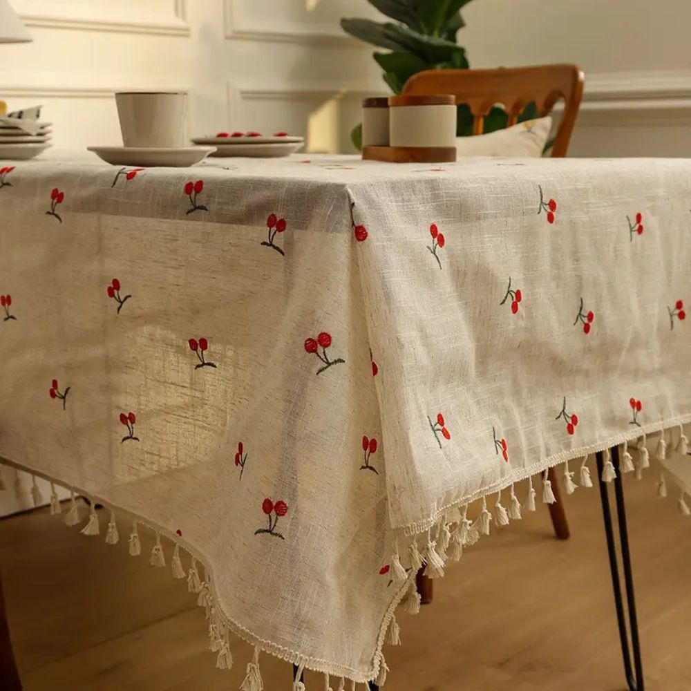 Vintage Red Cherry Tassel Tablecloth