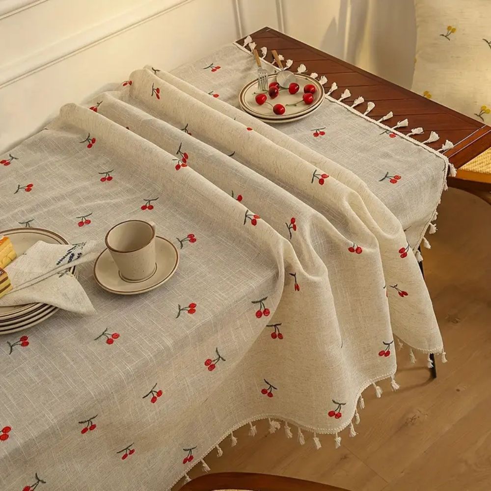 Vintage Red Cherry Tassel Tablecloth
