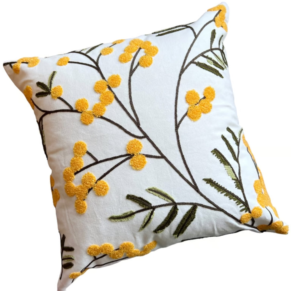 Yellow Bloom & Leaf Embroidery Cushion Cover