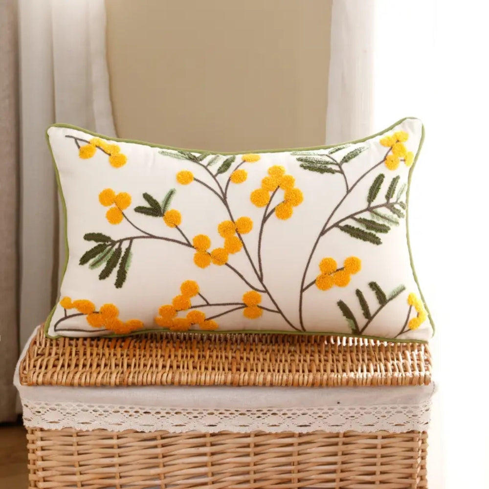 Yellow Bloom & Leaf Embroidery Cushion Cover