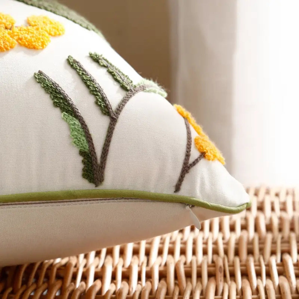 Yellow Bloom & Leaf Embroidery Cushion Cover